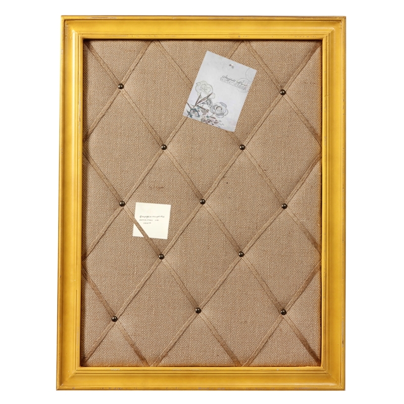 Bulletin Board Yellow Frame, Linen Surface with Ribbon Lattice & Studs