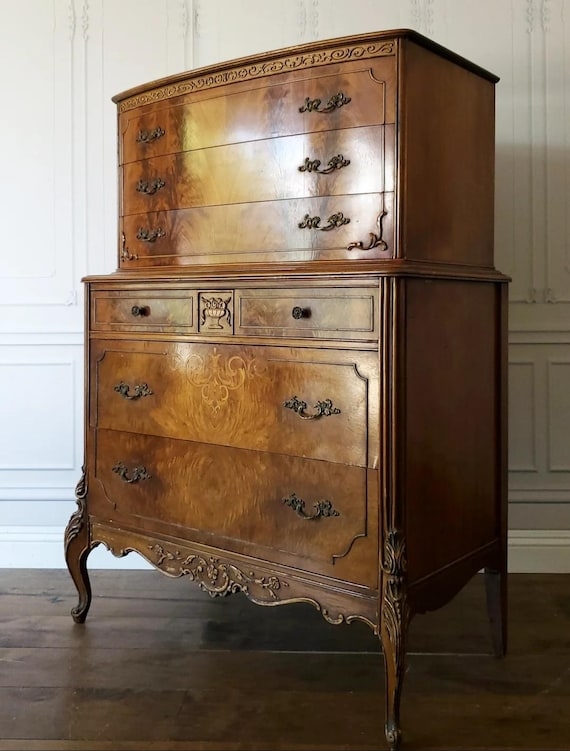 Burl Wood Highboy Dresser Chest on Chest Design Ornate Hardware
