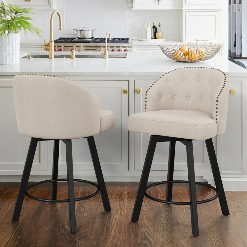 Button Tufted Counter Stool with Nailhead Trim, Beige Linen