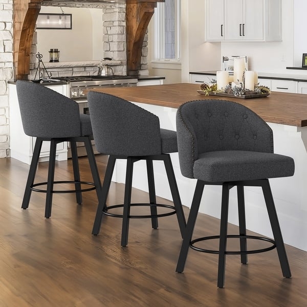Button Tufted Swivel Counter Stools with Nailhead Trim Details