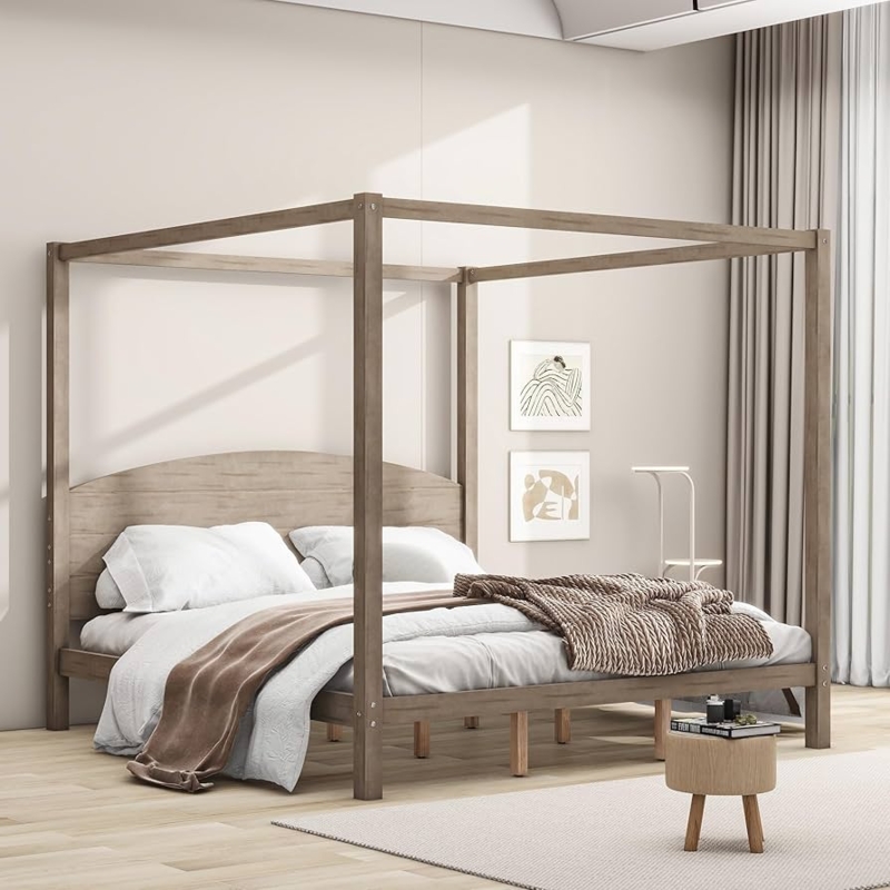 Canopy Bed Arched Headboard Brown Wash Finish Minimalist Frame