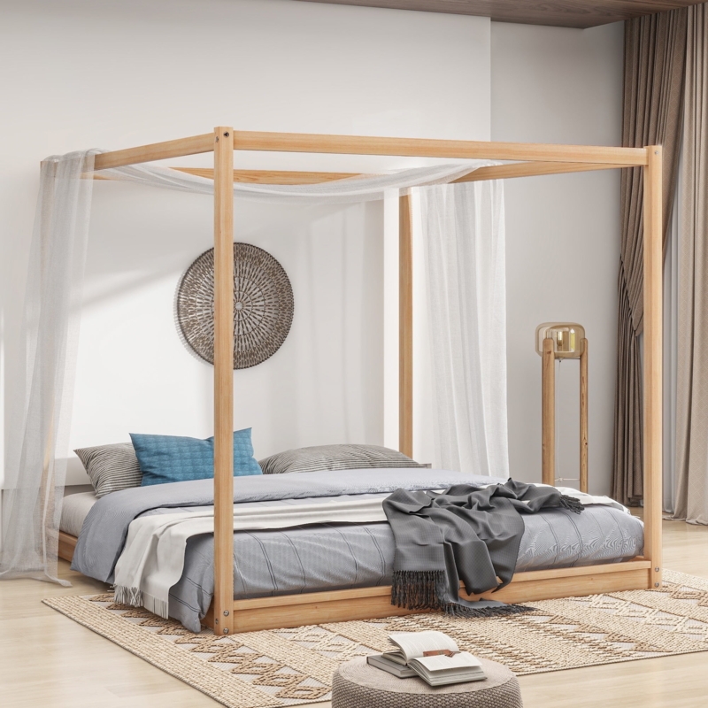 Canopy Bed Floor Platform Natural Wood Bohemian Style Sheer Drapes