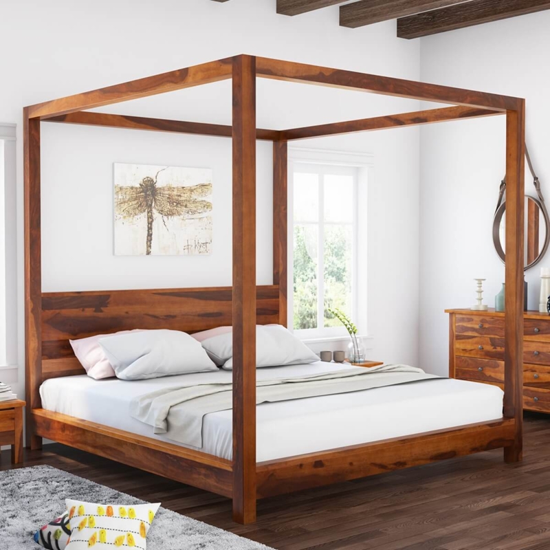 Canopy Bed Low Profile Solid Headboard Warm Brown Matte Finish