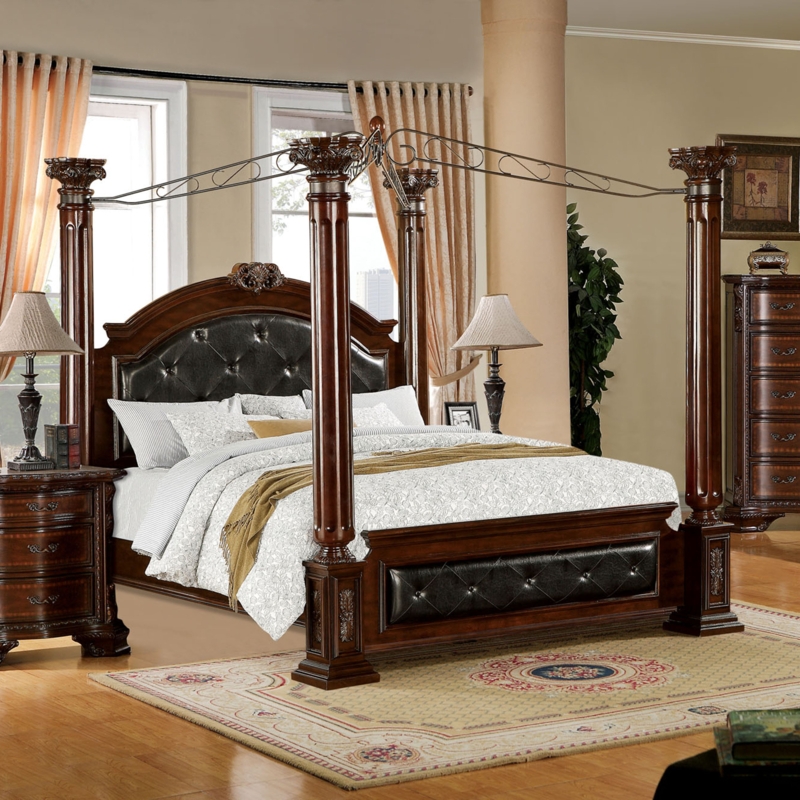 Canopy Bed Scrolling Metal Top Tufted Panels Ornate Fluted Posts