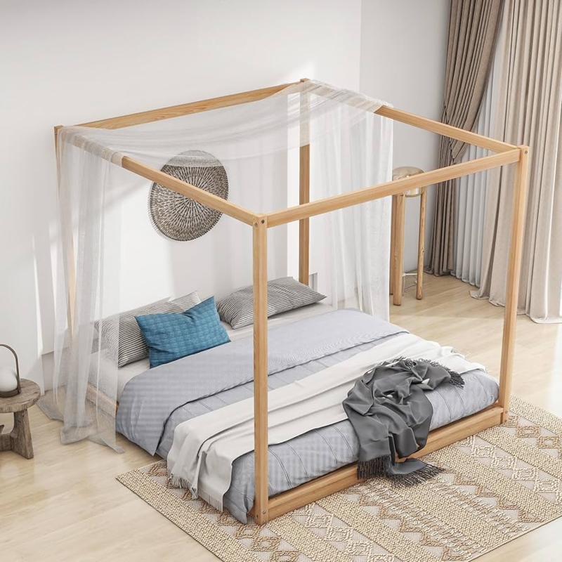 Canopy Bed Sheer Draping Minimalist Wood Frame Airy Bedroom