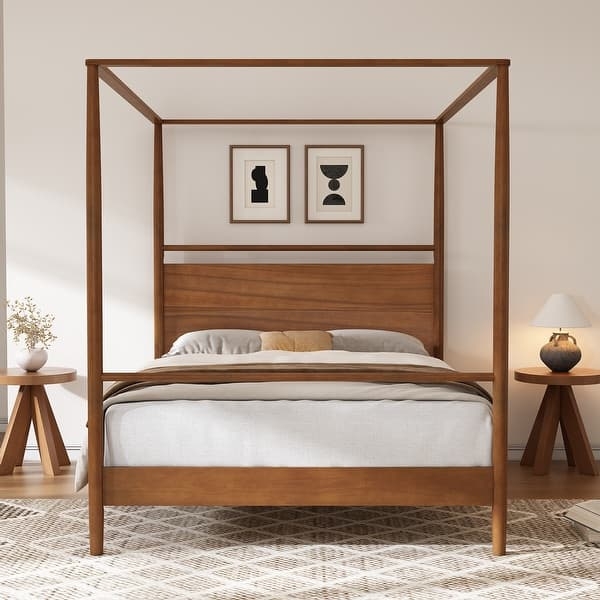 Canopy Bed Solid Headboard Tapered Legs Mid-Century Modern Style