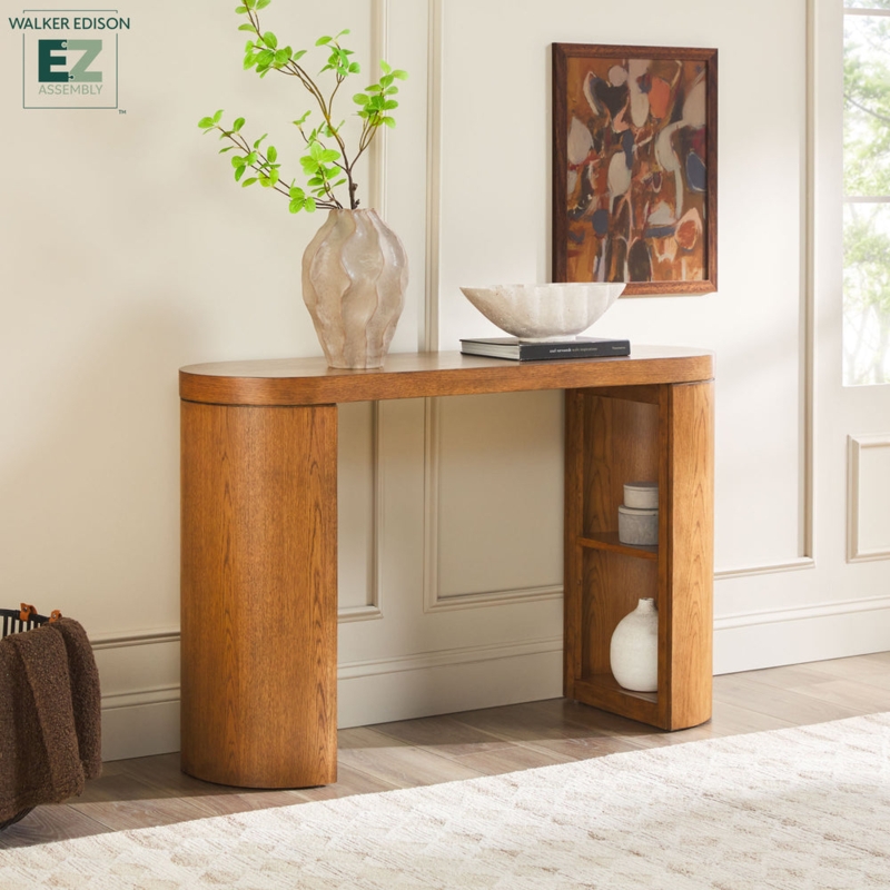 Capsule Console Table Medium Oak Curved Column Legs Shelving