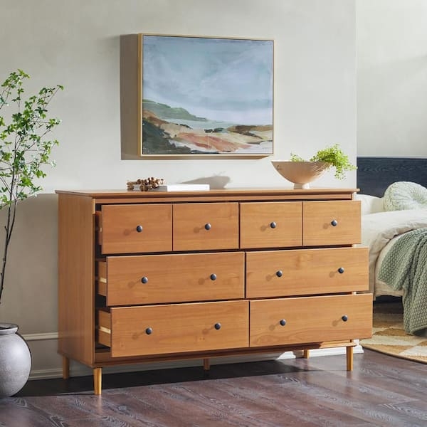 Caramel Wood Dresser with Round Knobs and Tapered Legs Mid Century