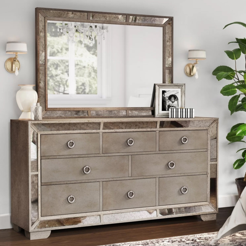 Champagne Finish Bedroom Dresser: Inset Mirrored Trim & Ring Pulls