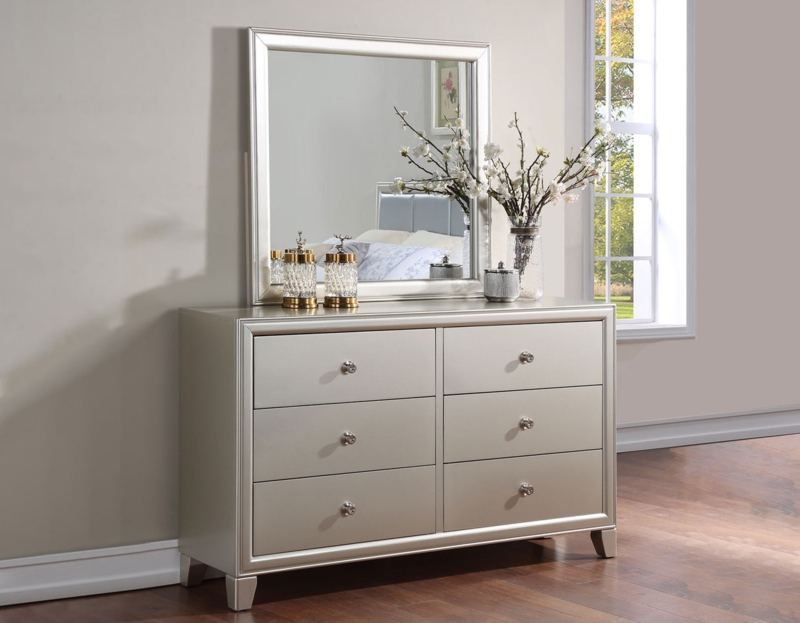 Champagne Metallic Dresser with Faceted Crystal Knobs and Square Mirror