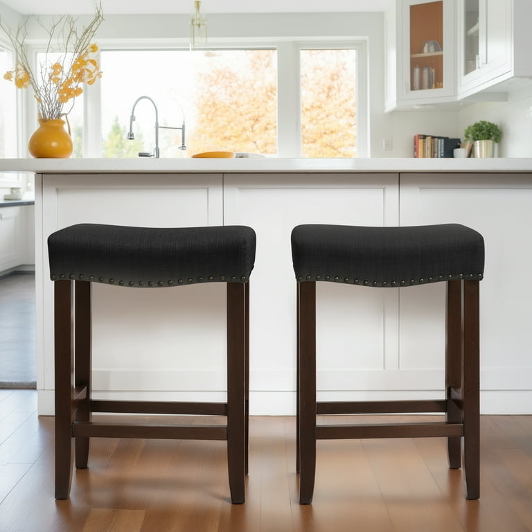 Charcoal Backless Counter Stools Saddle Seat Nailhead Trim