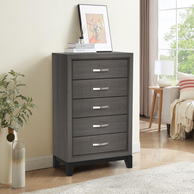 Charcoal Chest of Drawers Slim Metal Pulls Transitional Style Five