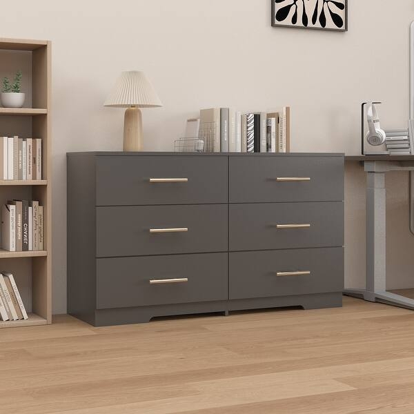 Charcoal Gray Double Dresser with Gold Bar Pulls and Cutout Base