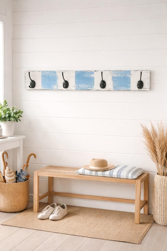 Checkered Wall Mounted Coat Rack Blue & White Black Utility Hooks
