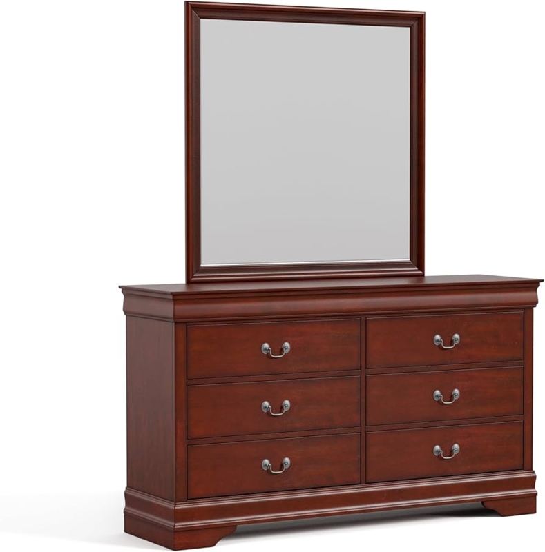 Cherry Finish Dresser and Mirror Set with Antique Nickel Handles