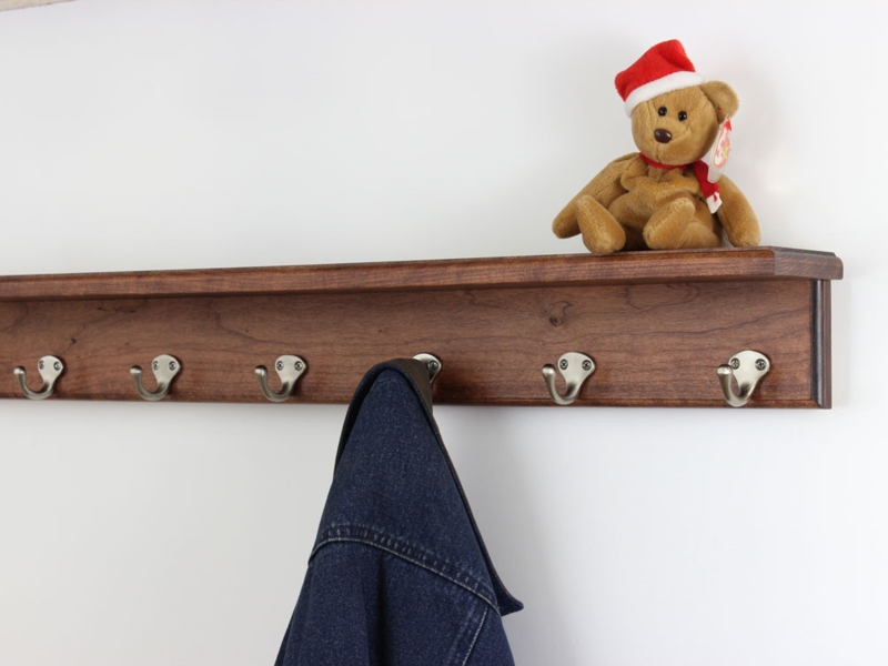 Cherry Finish Wall Mounted Coat Rack with Satin Nickel Hooks