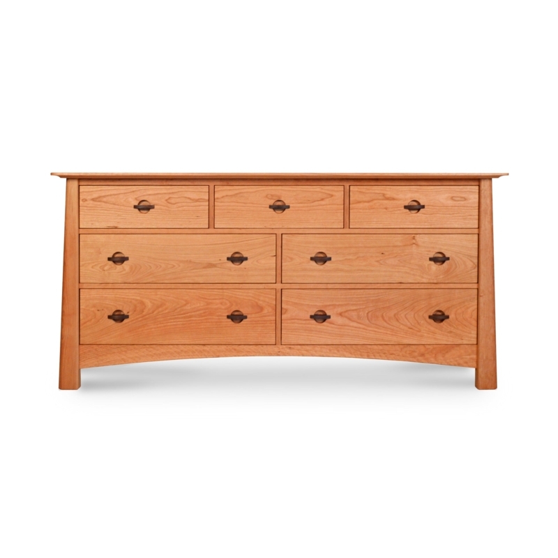 Cherry Wood Seven Drawer Dresser with Overhanging Top and Arched Apron