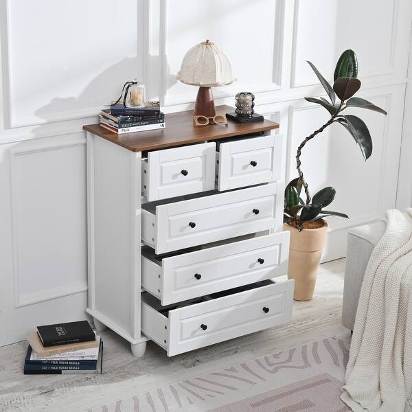 Chest 5-Drawer Two-Tone Finish with Wood Top and Bun Feet