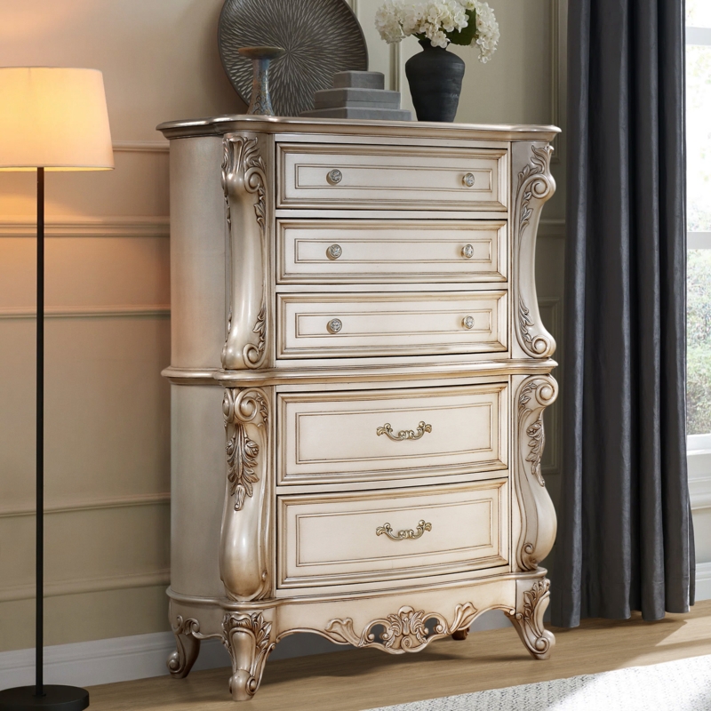 Chest Golden Ivory 5-Drawer with Elaborate Scrollwork Carving