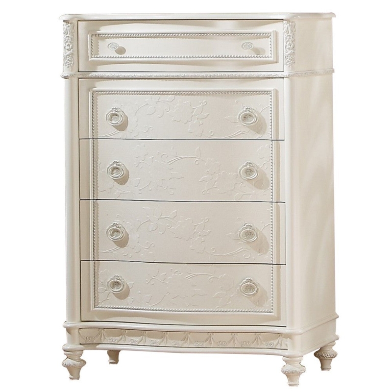 Chest Ivory Tall 5-Drawer with Floral Molded Trim and Ring Pulls