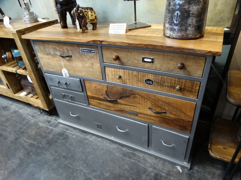 Chest of Drawers, Asymmetrical Mixed Wood, Vintage Transit Labels