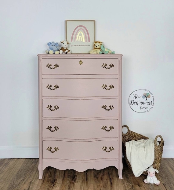 Chest of Drawers Blush Pink with Ornate Gold Hardware and Scalloped Apron