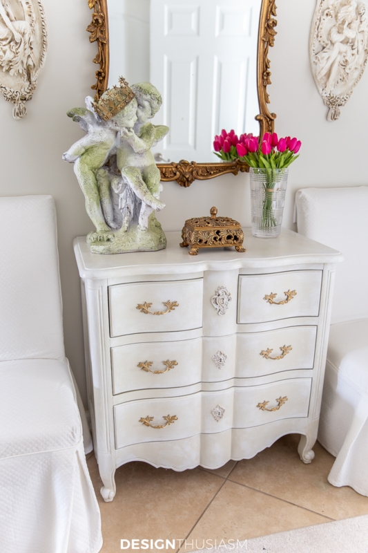 Chest of Drawers Bombe Silhouette with Ornate Gold Hardware and Antique Washed Finish