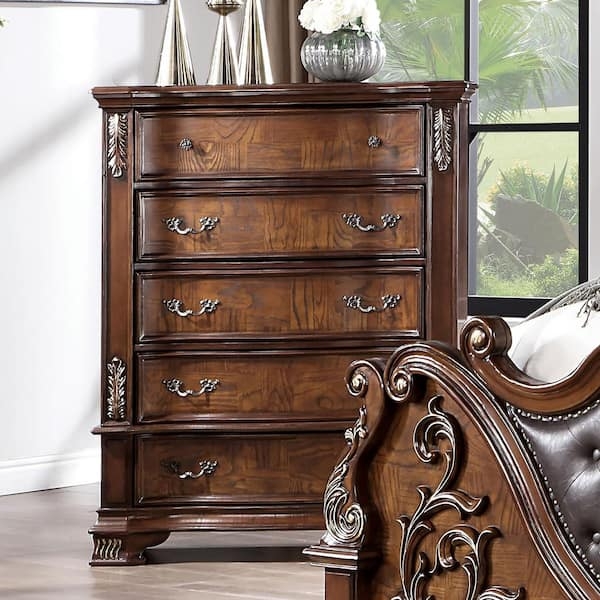 Chest of Drawers Brown Cherry Leaf Carvings Ornate Hardware Traditional