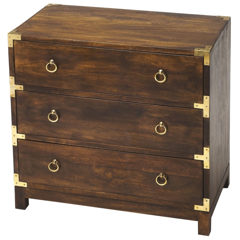 Chest Of Drawers Campaign Style Dark Wood with Brass Corner Guards