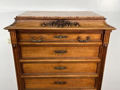 Chest Of Drawers Carved Pediment Marble Top French Traditional