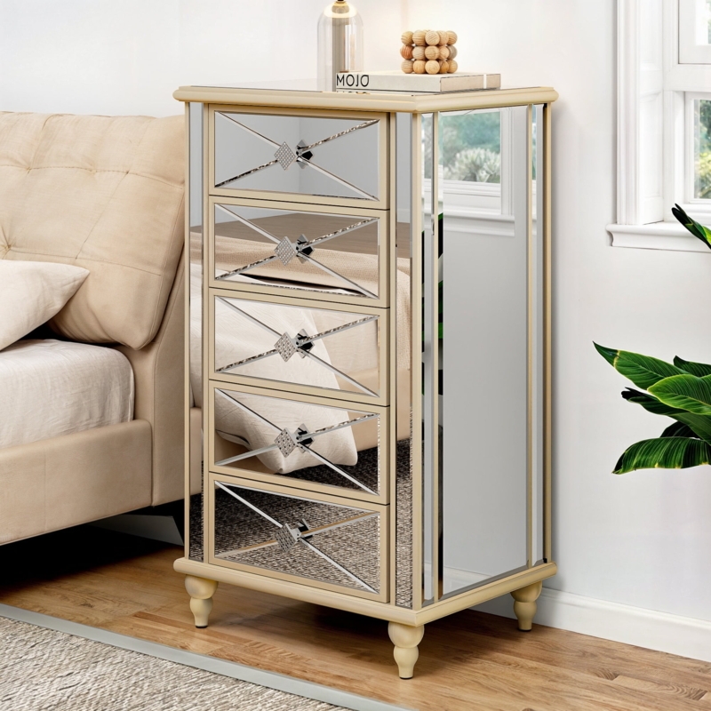 Chest of Drawers Champagne Gold X Pattern Overlay Mirrored Tallboy