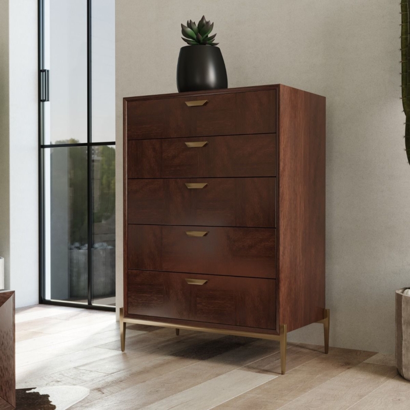 Chest Of Drawers Contemporary Dark Wood with Brass Tapered Legs