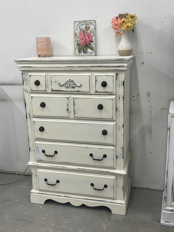Chest of Drawers Cream Farmhouse with Ornate Scrollwork