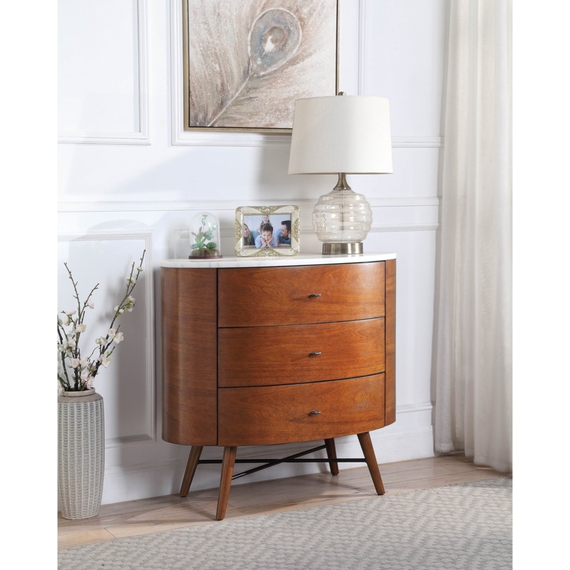 Chest of Drawers Curved Front Walnut Finish Marble Top Mid-Century