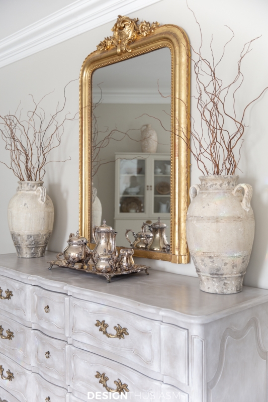 Chest of Drawers Distressed Grey with Ornate Hardware and Curved Front