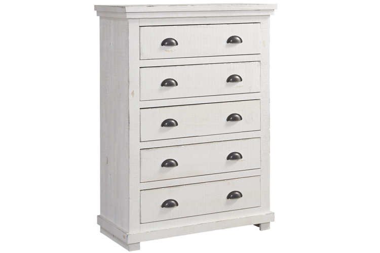 Chest Of Drawers Distressed White Finish Tiered Molding Farmhouse Style