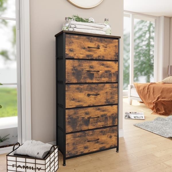 Chest of Drawers Distressed Wood Look 5 Drawer Industrial Tower