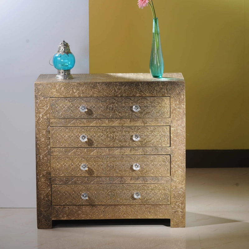 Chest Of Drawers Embossed Gold with Floral Relief and Crystal Knobs