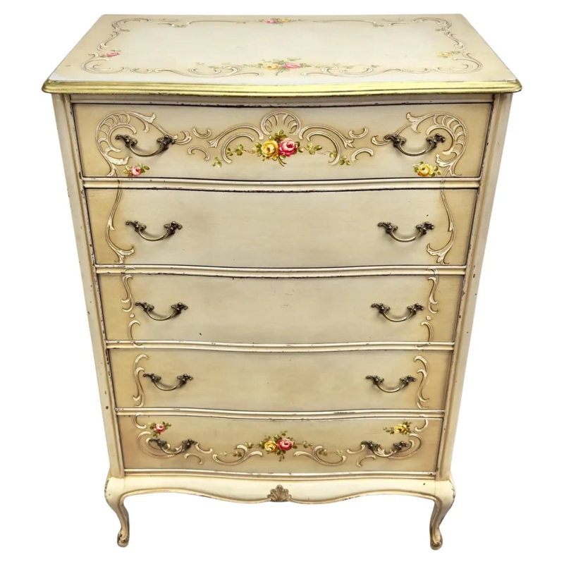 Chest of Drawers Floral Hand Painted Antiqued Shading Ivory Rococo Vintage