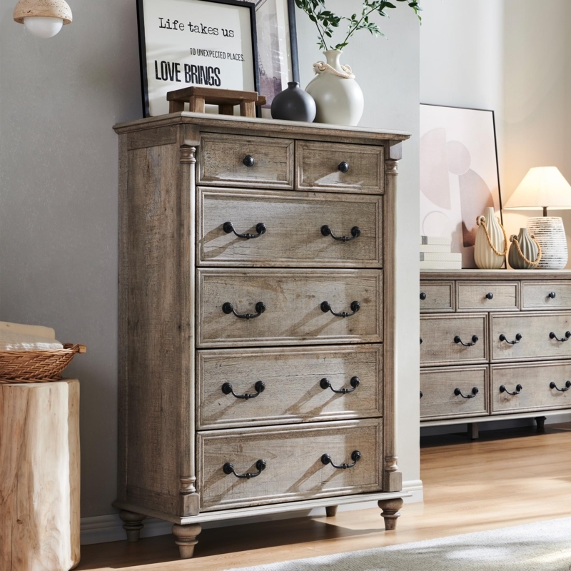 Chest of Drawers Fluted Columns Rustic Tall Light Oak Wood Finish