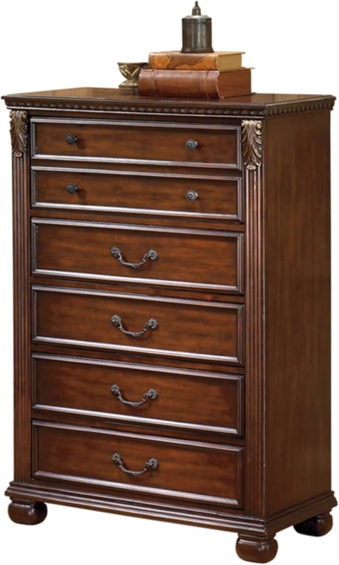 Chest of Drawers Fluted Side Columns Acanthus Leaf Warm Brown Traditional