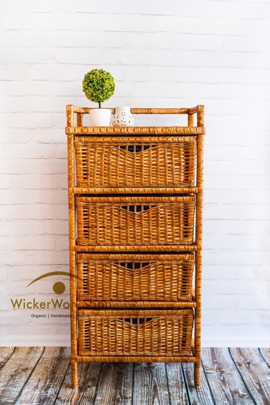 Chest Of Drawers: Honey Rattan, Cutout Handles, Boho Storage.