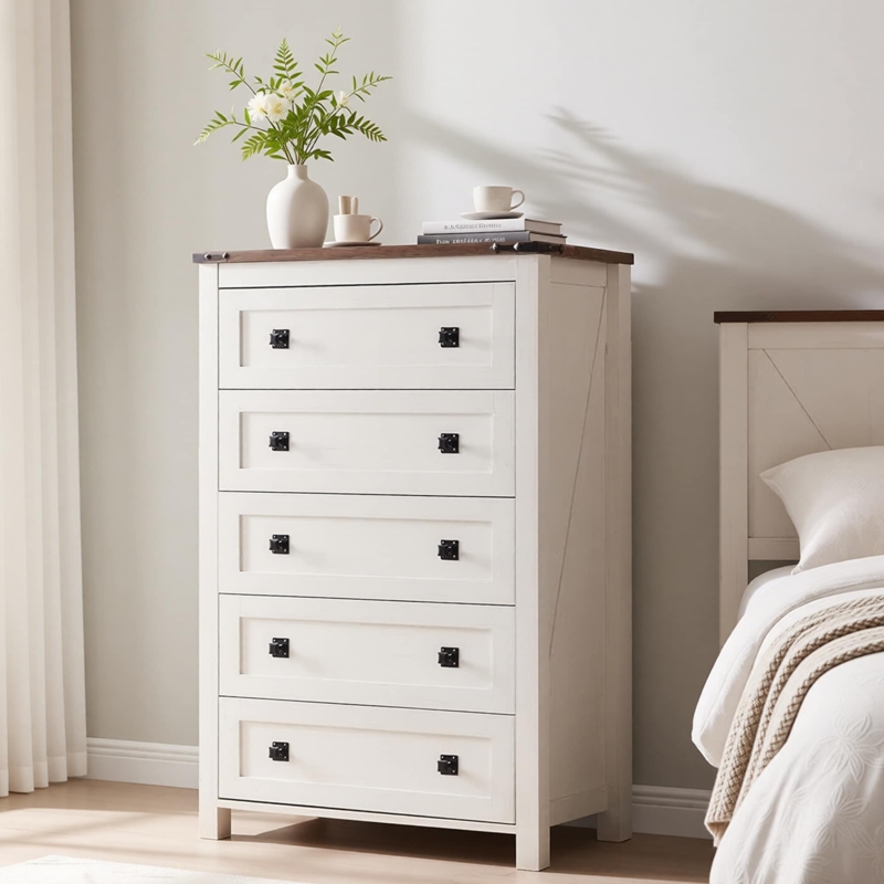 Chest of Drawers in Two-Tone Wood and White, Square Knobs, 5-Drawer