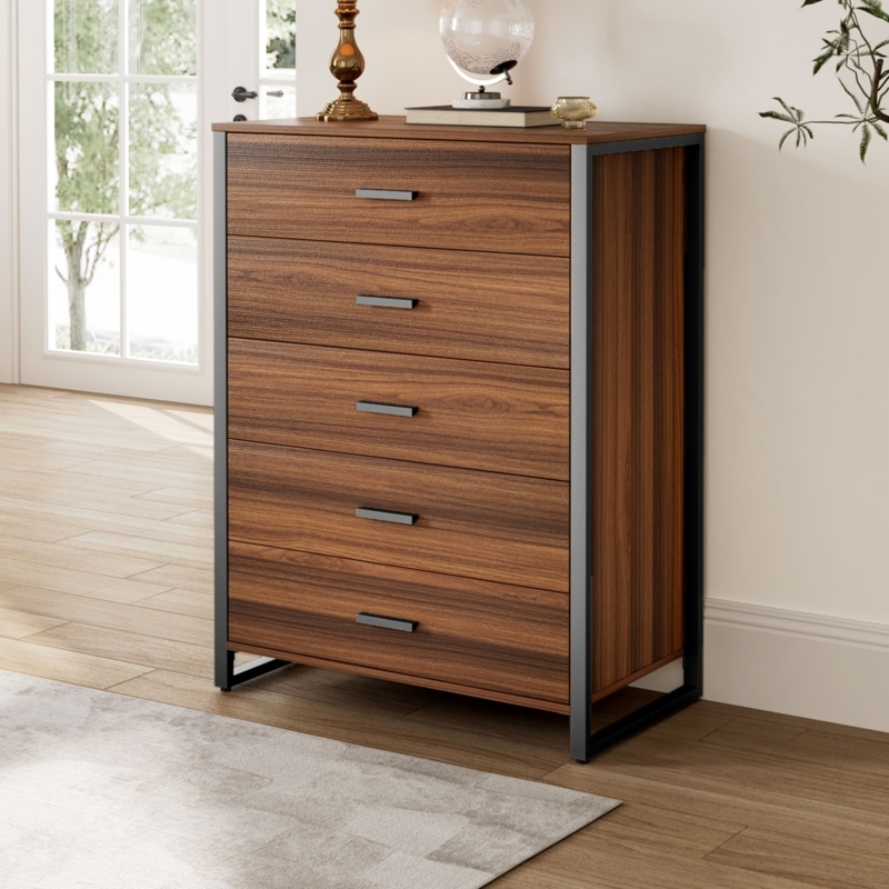 Chest Of Drawers: Industrial Gray Metal Frame, Walnut Finish