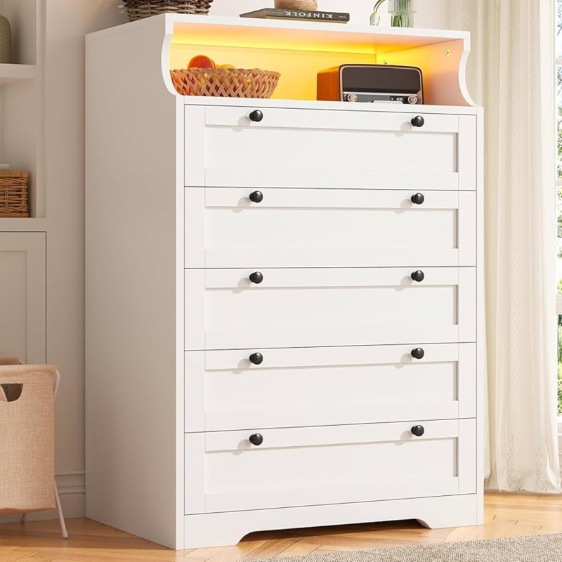 Chest of Drawers, LED Lighting, Integrated Shelf, Farmhouse Design
