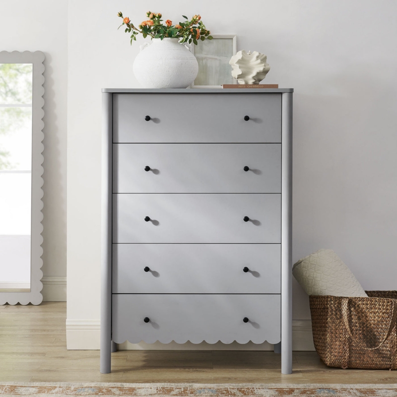 Chest of Drawers Light Gray Finish Scalloped Edge Five Drawers