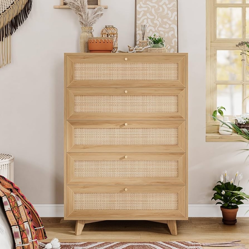 Chest Of Drawers: Light Wood, Gold Knobs, Rattan Panels.