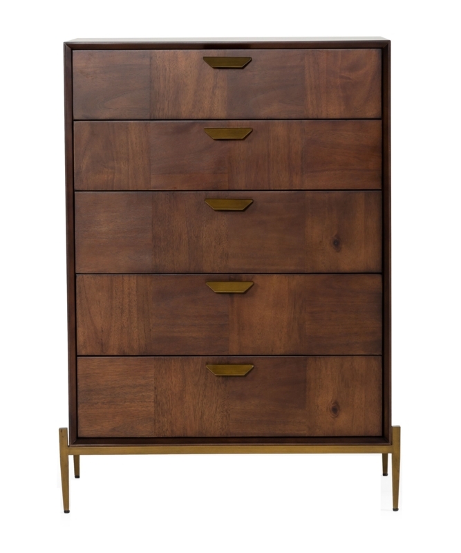 Chest Of Drawers Mid-Century Wood Five Drawer with Trapezoidal Pulls