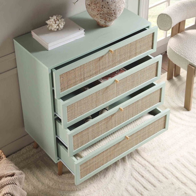 Chest Of Drawers: Mint Green Finish, Woven Rattan Fronts.