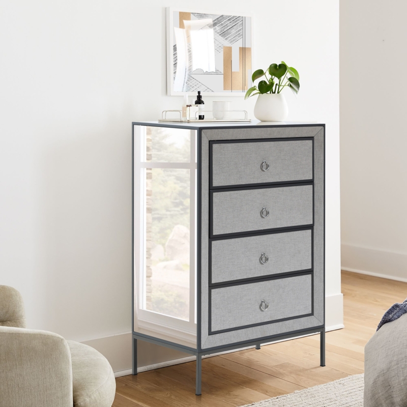 Chest of Drawers Mirrored Frame Textured Fronts Grey Bedroom Storage